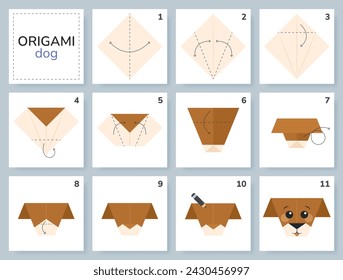 Dog origami scheme tutorial moving model. Origami for kids. Step by step how to make cute paper puppy. Vector illustration.