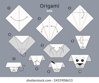 Dog origami scheme tutorial moving model. Origami for kids. Step by step how to make cute paper puppy. Vector illustration.