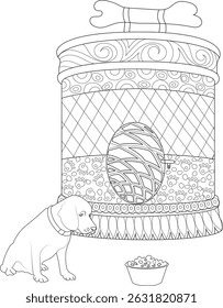 Dog and Ornate Dog House Line Art, Black and white line drawing illustration featuring a small dog sitting next to a large, decorative structure resembling a dog house or feeder, topped with a bone