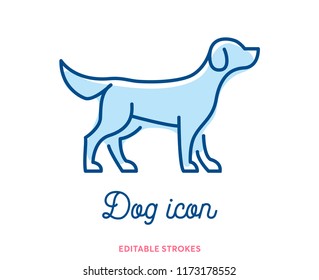 Icono de contorno de perro aislado en fondo blanco. Juego mínimo de iconos animales, adorable cachorro. Símbolo hebilla con guiños editables para infografía o uso web. Silueta de cachorro de diseño plano. Buen chico en el veterinario