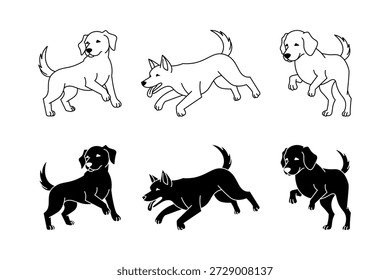 Contorno de perro e iconos sólidos establecidos en diferentes posturas