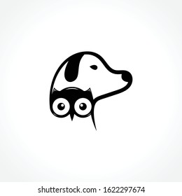 Dog and Owl Logo Design Vector Template. Character Face Dog and Owl Black Icon With  White Background