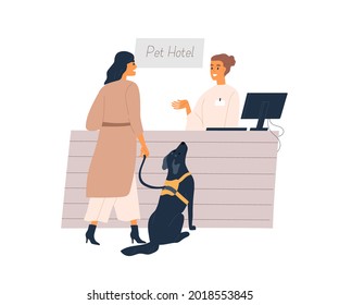 Dog Owner And Animal At Reception Of Pet Hotel. Person Boarding Her Doggy For Overnight Stay. Canine Housing And Accommodation Service. Flat Vector Illustration Isolated On White Background