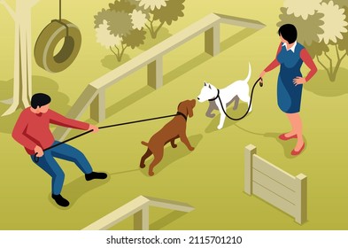 Dog owner background with walk in the park symbols isometric vector illustration