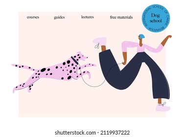 Hund und Besitzer. Hundeverhalten, Schulungskonzept. Vektorgrafik, Website-Banner-Vorlage