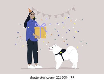 A dog owner celebrating his puppy's anniversary, a big gift box, a party hat, festive decorations
