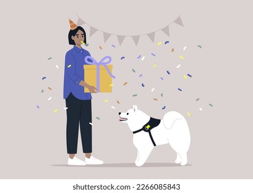 A dog owner celebrating his puppy's anniversary, a big gift box, a party hat, festive decorations