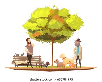 Dog owner concept with walking in the park symbols  cartoon vector illustration