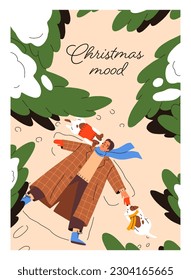 Dog owner and cute puppies in nature on winter holiday. Christmas mood, card design. Happy person and pets outdoor enjoying wintertime, Xmas eve in forest, making snow angel. Flat vector illustration