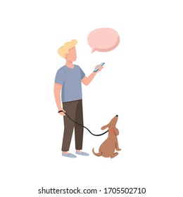 Dog owner flat color vector faceless character. Man with pet on leash. Guy with phone in hand. Person with speech bubble isolated cartoon illustration for web graphic design and animation