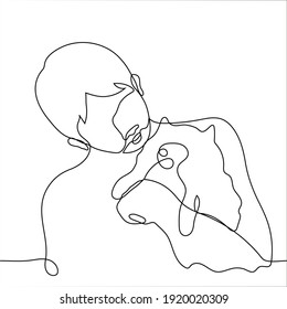 dog owner holds his pet in his arms   pulls his lips towards him    one line drawing  dog lover squeezes cute little fluffy dog 
