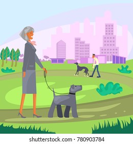 Dog and owner look alike. People with pets walking in City Park in Background. Vector illustration eps 10