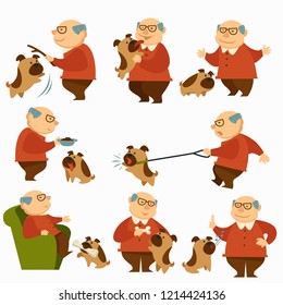 Dog with owner, pensioner with pet on leash walking