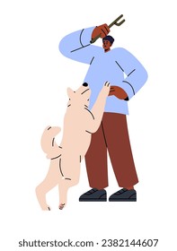 Dog owner play with his puppy with branch. Funny fluffy doggy jump on person. People walk, stroll furry pup. Professional pet sitter training pooch, animal. Flat isolated vector illustration on white