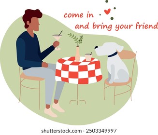 Dog owner and puppy in pet-friendly cafe. Man eating in restaurant with cute doggy at table. Male character and companion pup, animal. Flat vector illustration isolated on white background