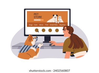 Dueño de perro y cachorro comprando en línea en tienda virtual de mascotas. Animales y mujeres caninos comprando productos, comida, juguetes en la computadora en internet. Ilustración vectorial gráfica plana aislada en fondo blanco