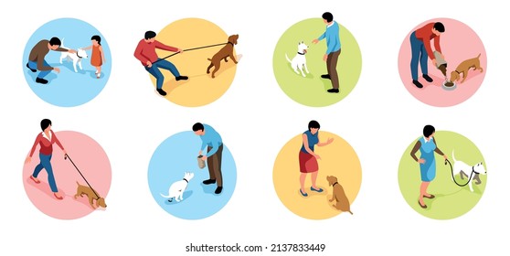 Dog owner round compositions set with daily life symbols isometric isolated vector illustration