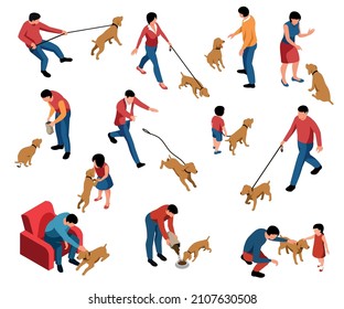 Dog owner set with daily life symbols isometric isolated vector illustration