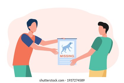 Dog owner showing lost pet poster to man. Person searching for missing animal flat vector illustration. Losing pet concept for banner, website design or landing web page