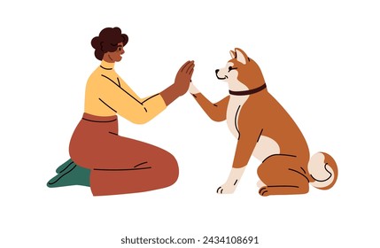 Dog owner training cute smart doggy to give high five, paw clapping hand. Human and obedient pet animal communication, friendship concept. Flat graphic vector illustration isolated on white background