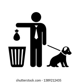 Dog and owner with trash bag vector icon isolated on white background