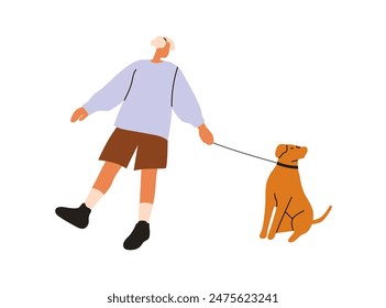 Dueño de perro caminando con cachorro desobediente. Perro travieso y travieso que ignora la orden, desobedece, tira de la correa, se niega a ir. Mal comportamiento canino. Ilustración vectorial plana aislada sobre fondo blanco