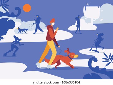 Dog and owner walking in park in protective face mask good for stopping coronavirus. Vector concept scene on blue background