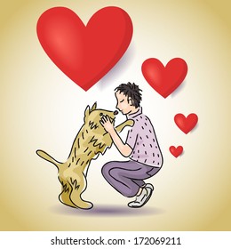 The dog and its owner, who is very attached to each other. Illustration of love for pets, decorated with hearts.