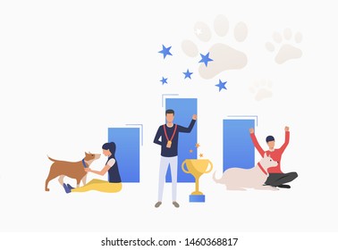 Dog Owners Celebrating Victory At Dog Show. Winner, Award, Animal Concept. Vector Illustration Can Be Used For Topics Like Entertainment, Competition, Dog Show