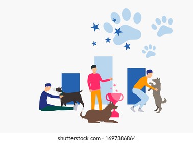 Dog owners celebrating victory. Winner, award, animal concept. Vector illustration can be used for topics like entertainment, competition, dog show