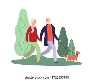 Dog owners. Elderly couple walking with puppy. Healthcare therapy, breathe fresh air. Old people walk in park or forest vector illustration