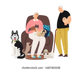 Dog owners. Old couple and pets. Grandmother grandfather with different puppies vector illustration