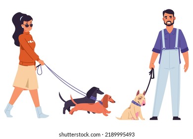 Dog Owners. People Walking Pets Outdoor. Dachshund And Bull Terrier. People With Puppies On Leashes. Man And Woman In Park. Domestic Animals. Canine Companions. Vector Elements Set