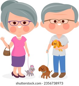 Dog owners. Senior people walking their dogs. Vector illustration