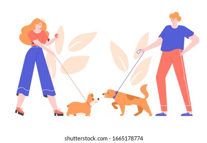 Dog owners for a walk. Cute welsh corgi and big dog meet and play together. Acquaintance of pets. Vector flat illustration.