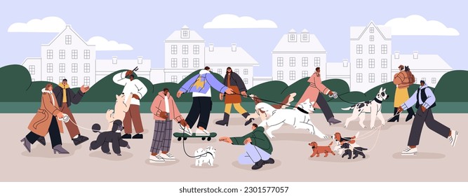 Dog owners walking with doggies on street. Many people strolling, leading puppies on leashes outdoors. Men, women and different canine animals in city park panorama. Flat vector illustration