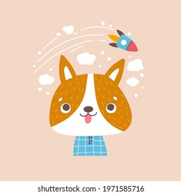 A dog in pajamas dreams of space. Portrait of a cute animal. Vector cartoon character in simple hand drawn Scandinavian style. Ideal for decorating baby clothes and printing on baby clothes