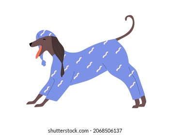 Perro en pijamas y gorra nocturna. Doggy en ropa bostezando y estirando. Una mascota graciosa y guapa con gorra de noche y ropa de dormir. Un animal canino en ropa de noche. Ilustración vectorial plana aislada en fondo blanco