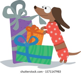 dog in pajamas opens a gift