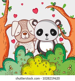 Dog and panda bear loving cute cartoon