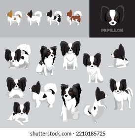 Dog Papillon Black Coat Cartoon Vector Illustration Color Variation Set
