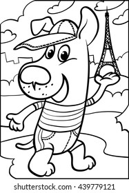 Dog in Paris near the Eiffel Tower. Vector illustration. Coloring for children.