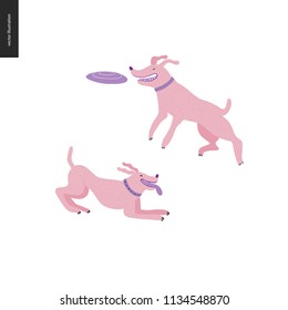 Dog in the park - flat vector concept illustration of two dogs with collars. One is jumping in the air trying to catch a flying disc. Another is playing with his tongue out.