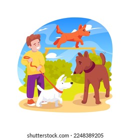 Dog park isolated cartoon vector illustration. Family with pet in a park, happy dogs play together, agility training equipment, animal playground, child leads a puppy on a leash vector cartoon.