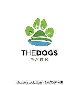 Dog Park Lake Outdoor Hills, Modern Paw Shape Puppy Animal Fun Cartoon Logo Design Template Vector Abstract Illustration