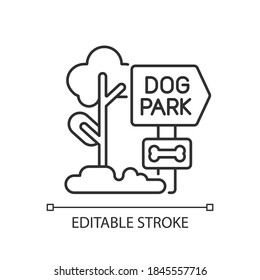 Dog park linear icon. Outdoor recreation with domestic animals. Pet care thin line customizable illustration. Contour symbol. Dog walking. Vector isolated outline drawing. Editable stroke