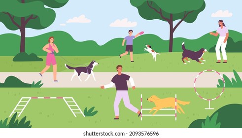 Dog park with people playing, training and walking pets. Flat owners and dogs outside activity. Domestic animals playground vector concept. Illustration of dog training in park