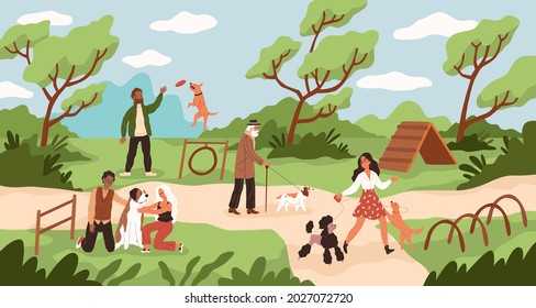 Dog park. People walk and play with dogs at training ground, men and women outdoor games with domestic pets, owners characters with animals on nature. Vector flat cartoon concept