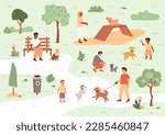 Dog park. People walking with their pets in public garden. Boy play with his puppy, animal do exercise with his owner. Summer vector illustration with trees, lights, grass, dog waste bin.