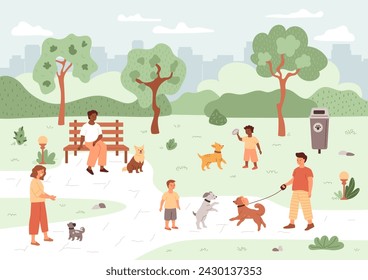 Parque para perros. Gente caminando con sus mascotas. El niño juega con su cachorro, el animal doméstico hace ejercicio con su dueño en el patio de recreo público. Ilustración vectorial de verano con árboles, luces, cubo de basura.